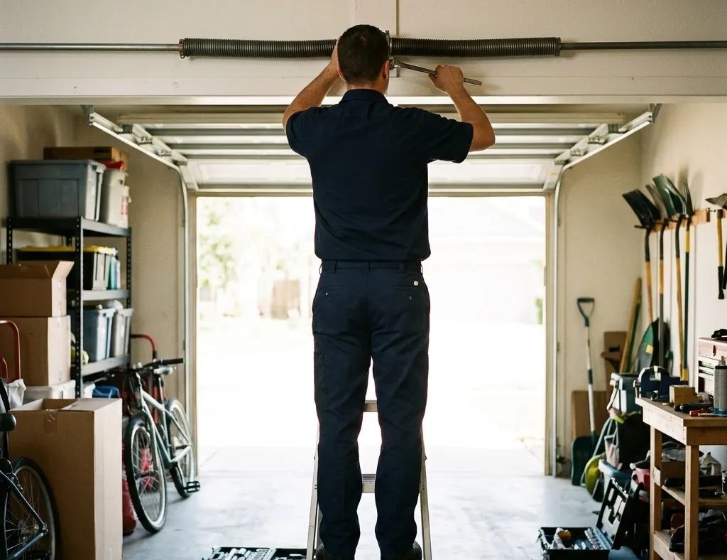 Ez2Fix technician performing precision spring repair inside a residential garage
